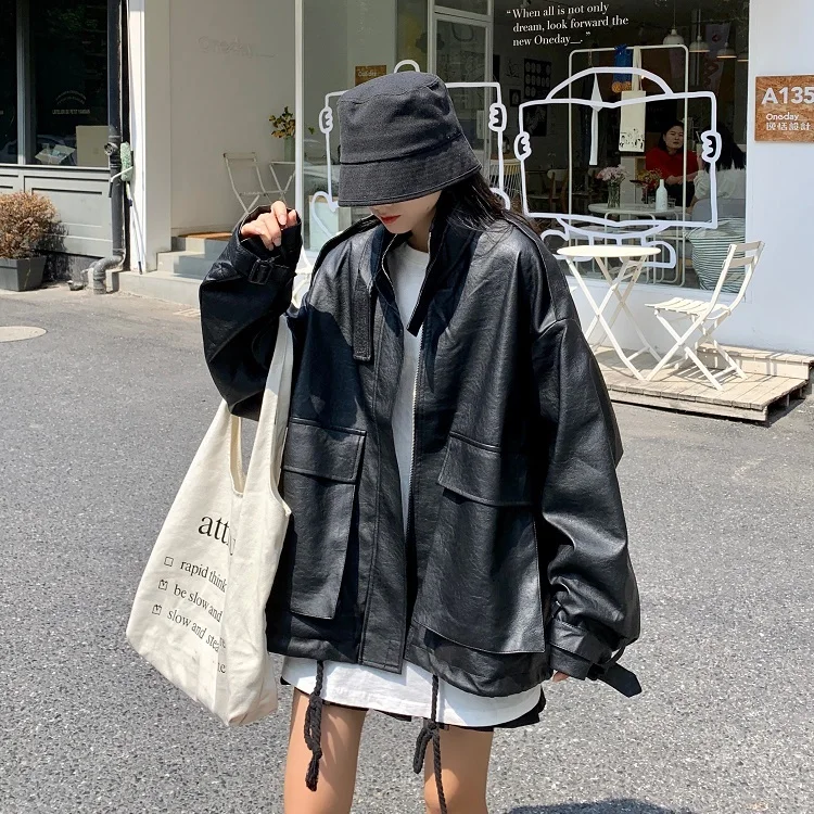 

2020 Autumn Loose Locomotive Retro Leather Jacket Pocket Drawstring Zipper Leather Jacket